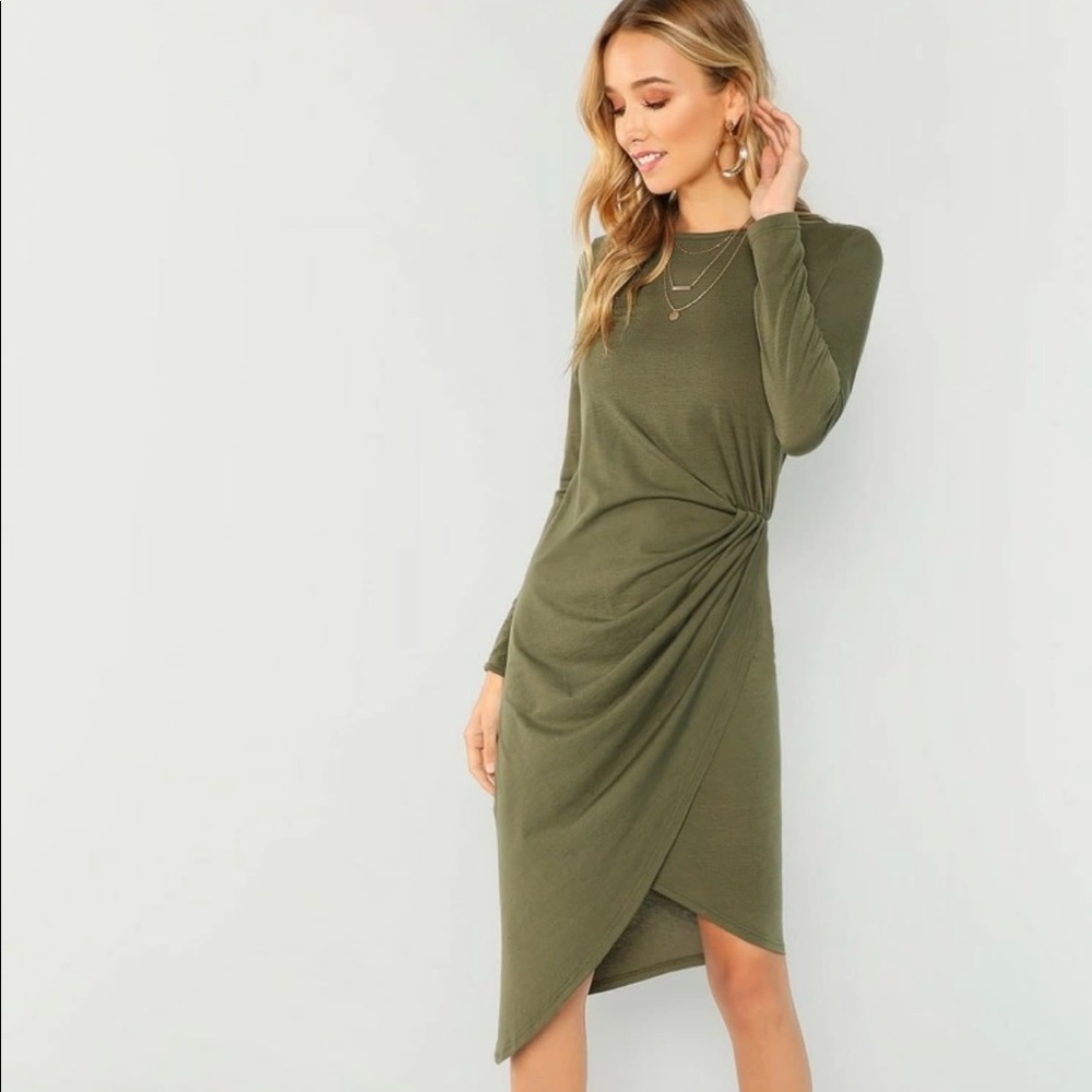 NWT SHEIN twist side wrap asymmetrical dress green